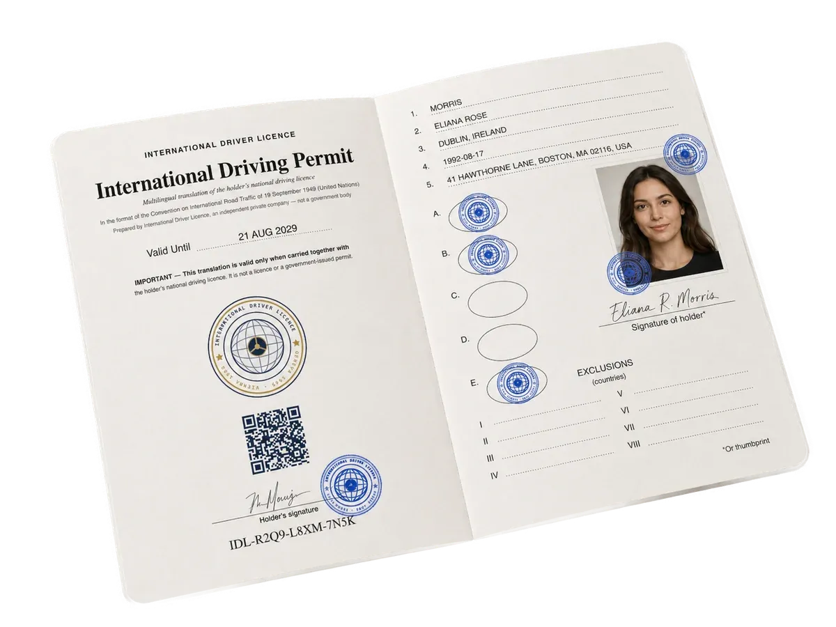 The International Driving Permit booklet you receive, open to the holder's photo, particulars, stamps and QR-verified identity page.