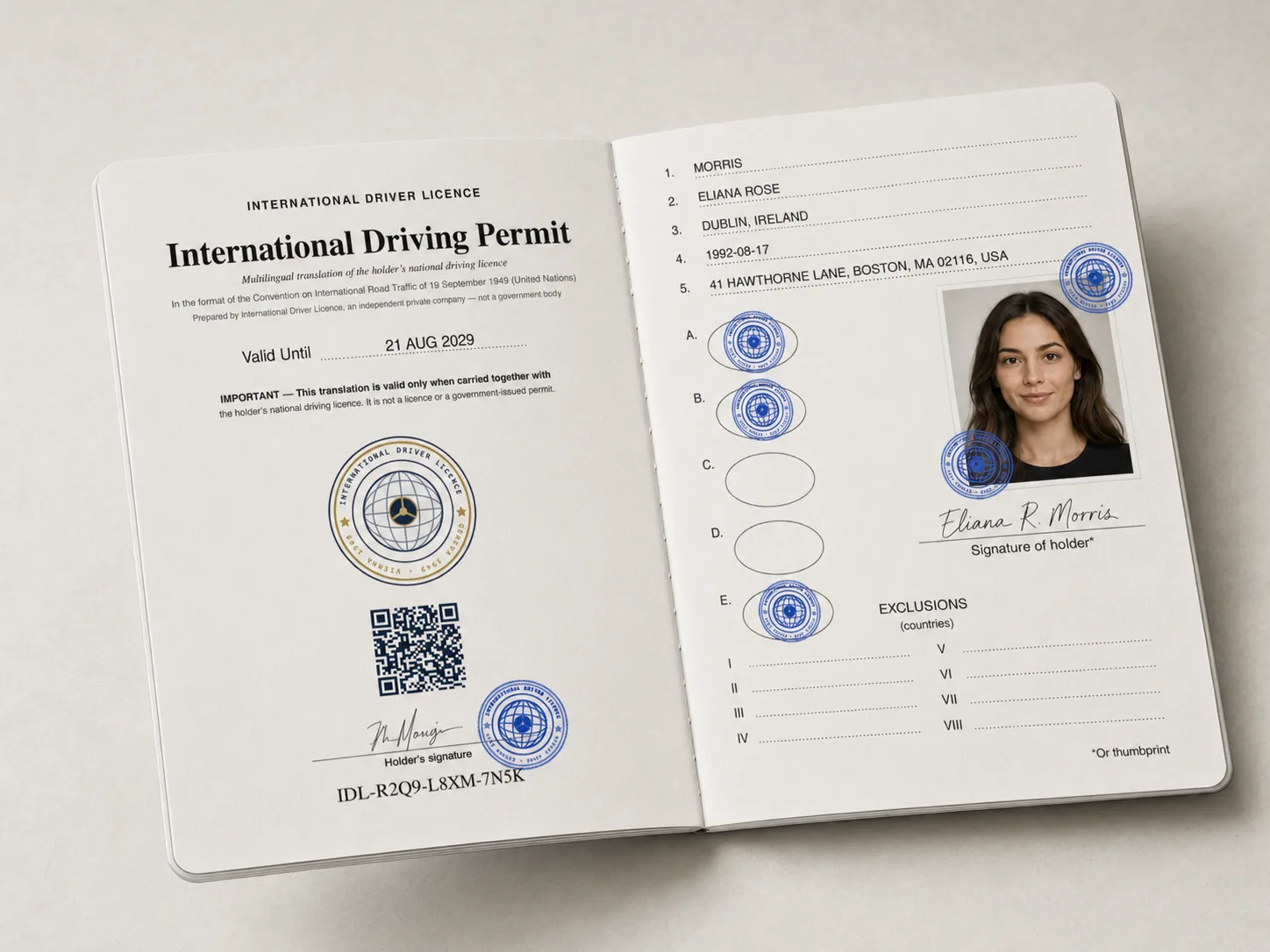 The IDP-format booklet and QR ID card included with the 1 Year International Driving Permit plan