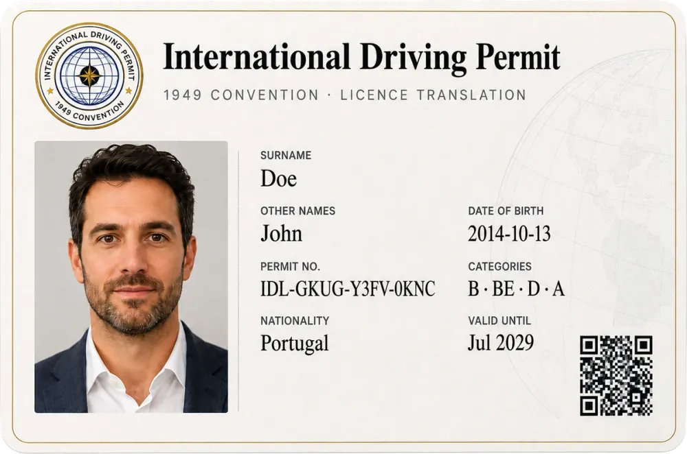 The QR identity card included with your International Driving Permit, showing the holder's photo, permit number, categories and a scannable verification code.